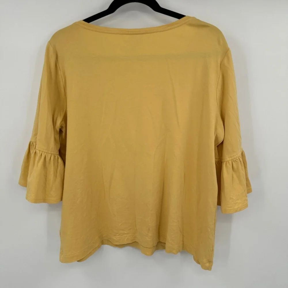 Chicos Yellow Cotton Ruffle Bell Sleeve Scoop Neck Top Size 2 Large Solid Knit - Picture 6 of 9